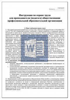 Инструкция по охране труда для преподавателя (педагога) обществознания в профессиональной образовательной организации ( колледже )